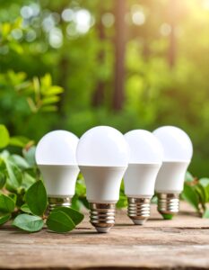 Four LED light bulbs on wooden surface Four LED light bulbs on wooden surface